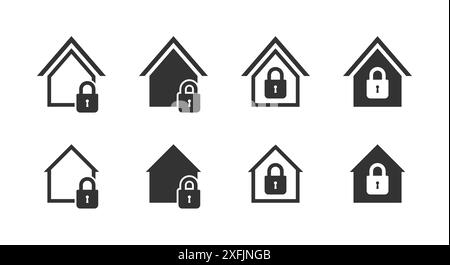 Lock house under protection icon set. Lockdown symbol. Safe home sign. Flat vector illustration. Stock Vector