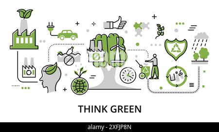 Concept of think green and save the world, modern flat thin line design vector illustration, for graphic and web design Stock Vector