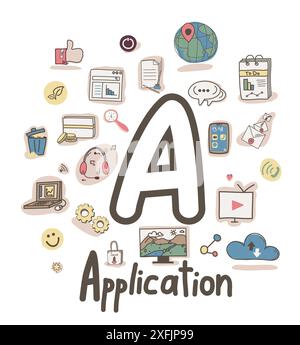 Alphabet letter A - Application, vector illustration in doodle style Stock Vector