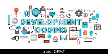 Concept of programming, development software and coding process, modern flat editable line design vector illustration for graphic and web design Stock Vector
