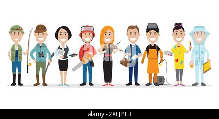 Set of people related to the different professions such as fisherman, hunter, accountant and others, flat vector illustration Stock Vector