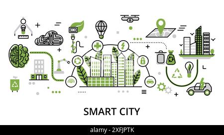 Smart City concept, flat line design vector illustration, for graphic and web design Stock Vector