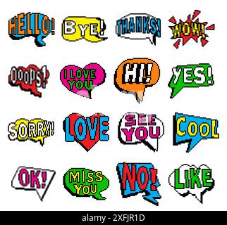 Set of Speech Bubbles, pixel art design vector illustration on white background Stock Vector