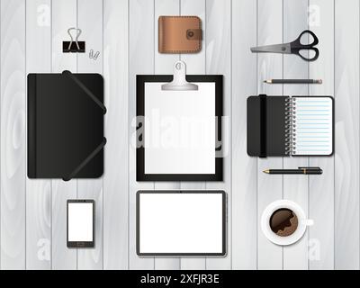 Business Mockup with office supplies, modern volume flat design vector illustration, for graphic and web design Stock Vector