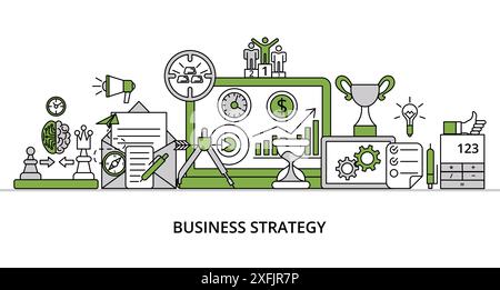 Business Strategy concept, greenery flat line design vector illustration, for graphic and web design Stock Vector