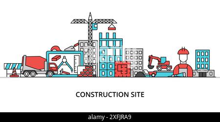 Construction Site concept, flat line design vector illustration, for graphic and web design Stock Vector