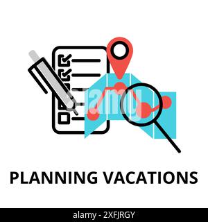 Icon concept of Planning Vacations, travel collection, modern flat line design, vector illustration, for graphic and web design Stock Vector