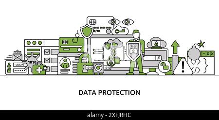 Infographic greenery Data Protection concept, modern flat thin line vector illustration, for graphic and web design Stock Vector