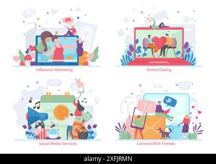 Set of Social Media concepts, modern flat vector illustration, for graphic and web design Stock Vector