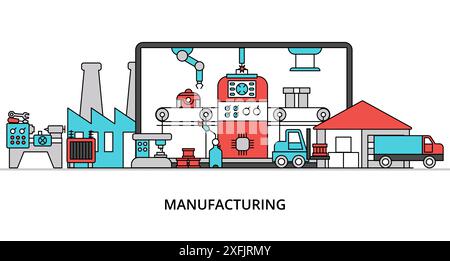 Manufacturing concept, flat line design vector illustration, for graphic and web design Stock Vector