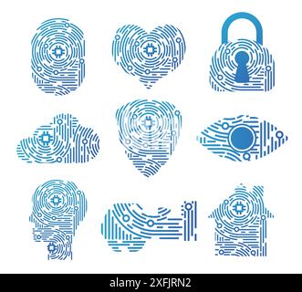 Set of Network and Cyber Security icons in fingerprint style, flat design vector illustration, for graphic and web design Stock Vector
