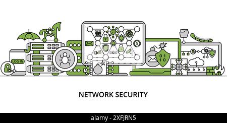 Infographic greenery Network Security concept, modern flat thin line vector illustration, for graphic and web design Stock Vector