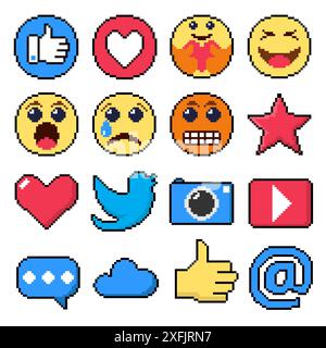Set of Social Media symbols, pixel art design vector illustration, for graphic and web design Stock Vector