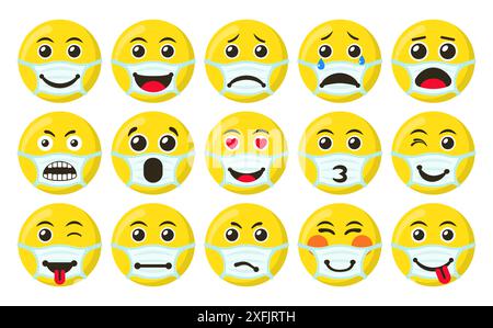 Set of Yellow Smiles icons in the medical mask, flat vector illustration, for graphic and web design Stock Vector