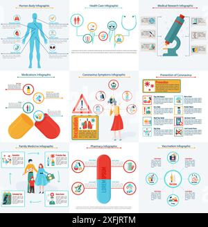 Set of Health Care infographic concepts, flat vector illustration, for graphic and web design Stock Vector