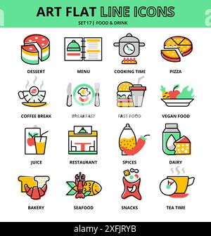 Set of Food and Drinks icons, flat line design vector illustration, for graphic and web design Stock Vector