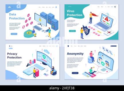 Set of Network and Data Protection concepts, 3D isometric design vector illustration close-up Stock Vector