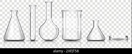 Set of Transparent Laboratory Glassware Equipment, realistic vector illustration close-up Stock Vector