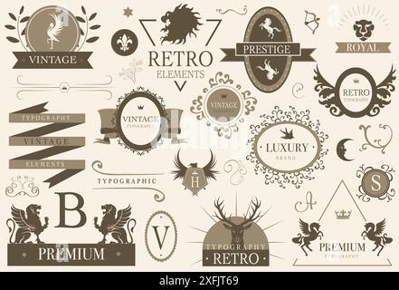 Set of Vintage signs and elements on white background. Classical vintage and retro elements, vector illustration Stock Vector
