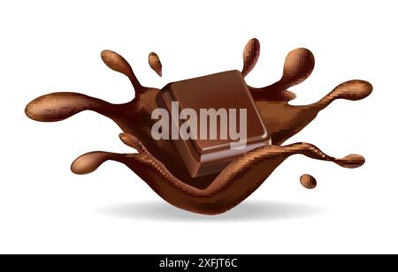 Chocolate Bar with Splash on white background, realistic vector illustration close-up Stock Vector