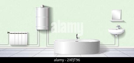Bathroom Interior with Boiler and Furniture Arrangement, realistic vector illustration close-up Stock Vector