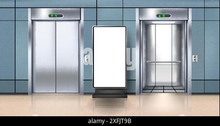 Office Hall with Digital Floor Stand and Elevator Doors, realistic vector illustration close-up Stock Vector