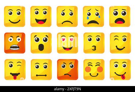 Set of Yellow Square Smiles icons, vector illustration in flat style close-up Stock Vector