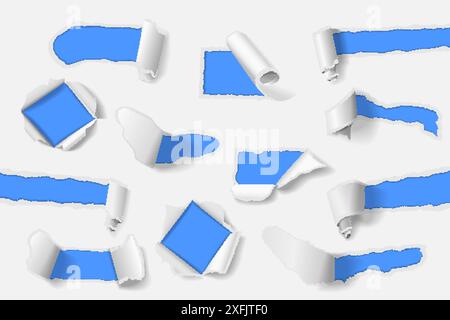 Set of Torn Paper Holes on white paper background, realistic vector illustration close-up Stock Vector