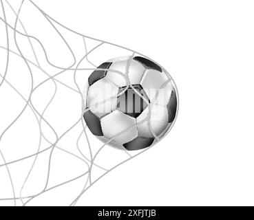 Soccer Ball in the Goal Net on white background, realistic vector illustration close-up Stock Vector