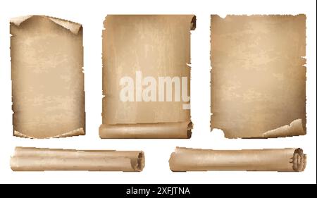 Set of Ancient Paper or Parchment Scrolls, realistic vector illustration on white background Stock Vector