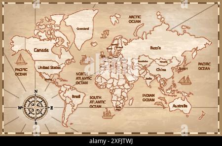 Ancient World Map with the division of continents into states, realistic vector illustration close-up Stock Vector