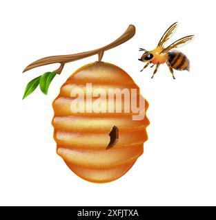 Yellow Bee Hive hanging on a branch, on white background, realistic vector illustration close-up Stock Vector