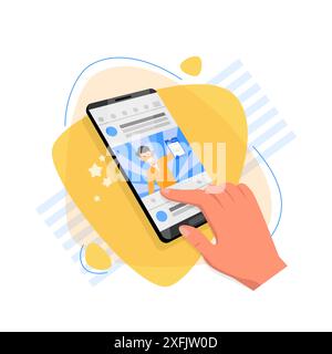 Hand using smart phone, online education concept, flat design vector illustration close-up Stock Vector
