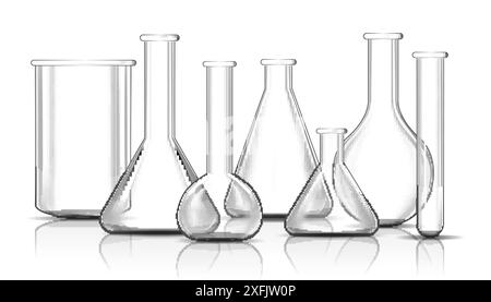 Transparent laboratory equipment, glass, test tubes and others, on white background, realistic vector illustration close-up Stock Vector