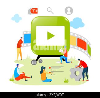 Use video content in Social Media, creative social media concept, flat design vector illustration close-up Stock Vector