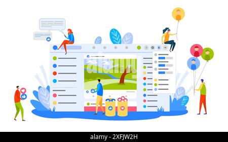 Virtual Social Media page, creative social media concept, flat design vector illustration close-up Stock Vector