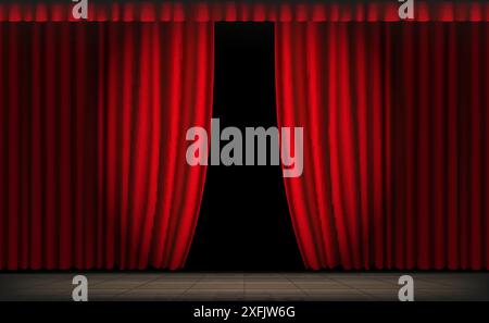 Red theatrical luxury curtains and draperies in the dark, realistic vector illustration close-up Stock Vector