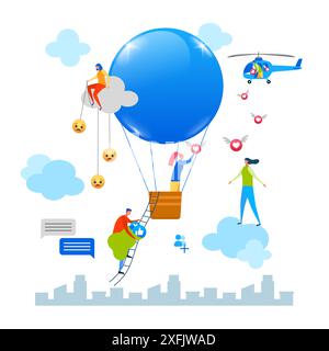 Creative Social Media concept with big balloon, flat design vector illustration close-up Stock Vector