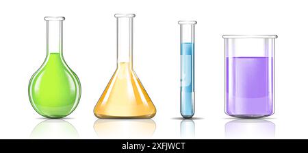 Set of Transparent Laboratory Glassware Equipment with Color Liquid, realistic vector illustration Stock Vector