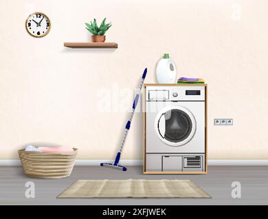 Laundry Room Interior with Washing Machine, realistic vector illustration close-up Stock Vector