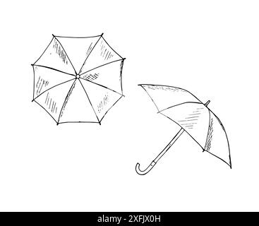 Hand-drawn set of umbrellas in various positions. Opened umbrellas. Doodle style Vector illustration isolated on white. Stock Vector