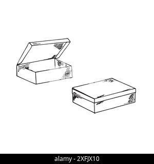 Kraft box in doodle style. Closed and opened paper box. Hand-drawn illustration on white background. Stock Vector