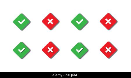 Check mark and X mark icons. Green and red validation buttons with shadows. Flat vector illustration. Stock Vector