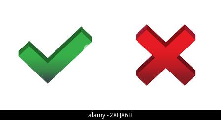 Checkmark and cross in 3d icons. Flat vector illustration. Stock Vector