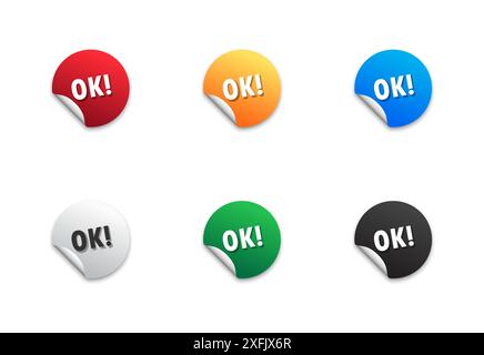 Ok! text sticker set. Round color badges with shadow. Flat vector illustration. Stock Vector