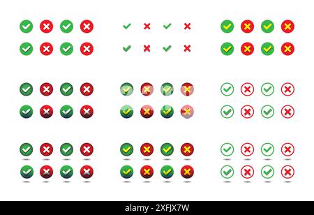 Set of check mark and X mark icons. Validation buttons collection. Flat vector illustration. Stock Vector