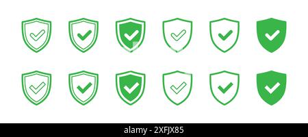 Shield and Check Mark Icon set. Flat vector illustration. Stock Vector