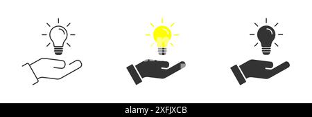 Bulb on a hand icon. Idea concept. Hand with Lamp light. Flat vector illustration. Stock Vector