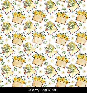 Postal envelopes with flowers, daffodils, meadow grass, chamomile, green leaves on a black background. Seamless pattern. All items are hand painted Stock Photo