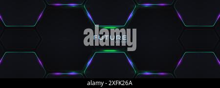 Dark hexagon gaming abstract vector background with green and purple colored bright flashes. Hexagonal gaming vector illustration wide backdrop. Stock Vector
